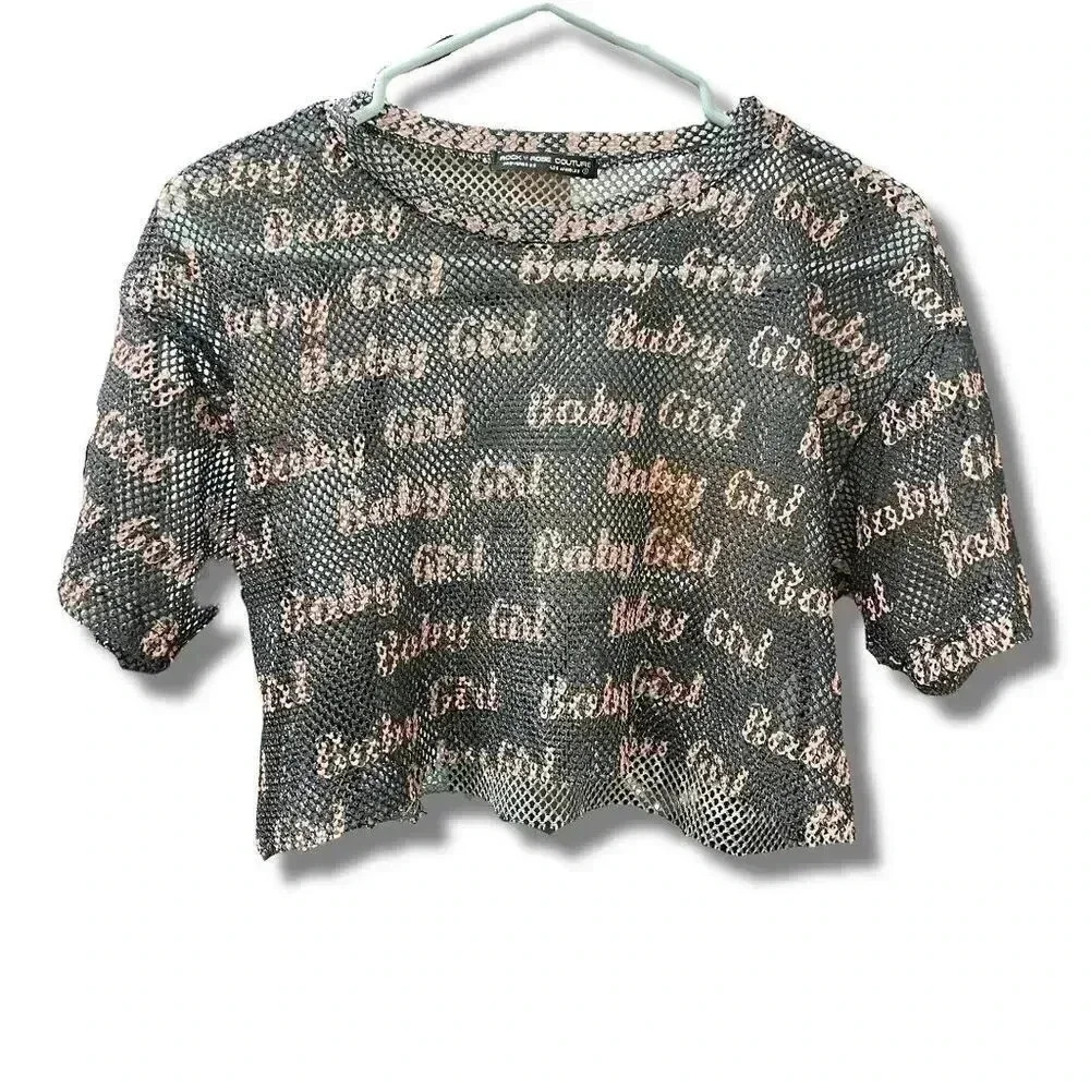 🌟 Rock & Rose Couture Black Mesh Cropped Tee 'Baby Girl Print Size Small Women 🌟